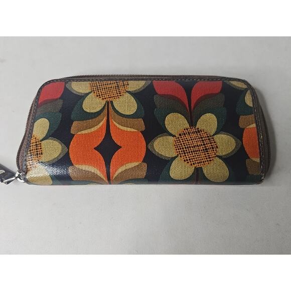 FOSSIL Key•Per Zip Around Wallet Clutch Fall Flowers Coated Canvas 8"x4" - Picture 6 of 15
